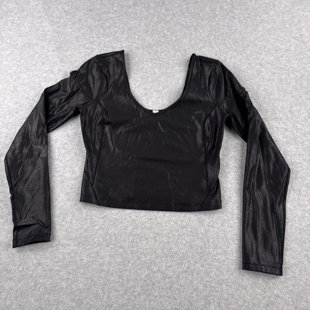 Lululemon Top Size 8  Black Foil Long Sleeve Scoop Neck Crop LW3EVES